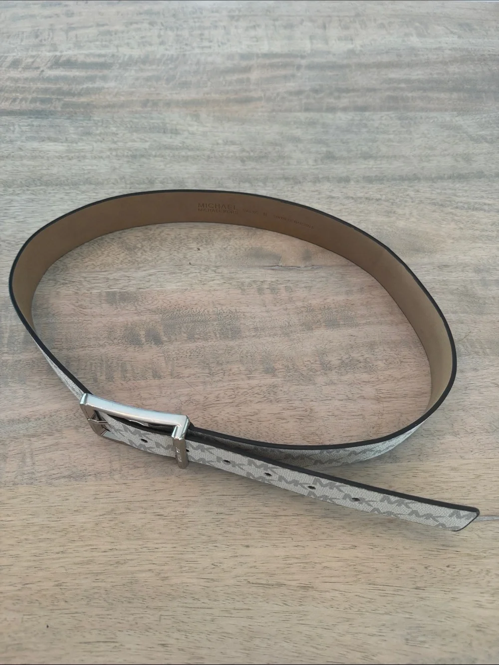 Michael Kors Men's White and Gray MK Logo Belt with Silver Buckle